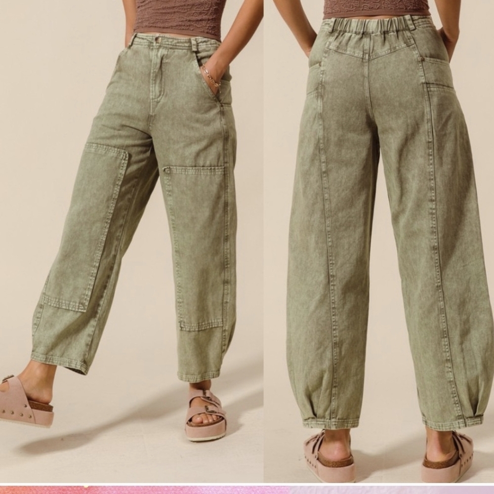 Olive Green Bohemian Casual Chic Barrel Jeans